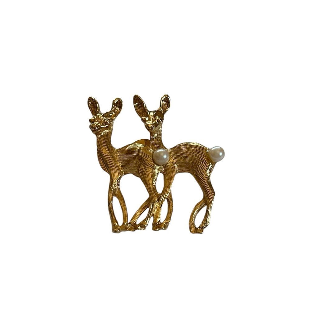 SALE VTG Gold Tone Deer Duo Brooch Pin Faux Pearl Tails Estate Jewelry Brooched